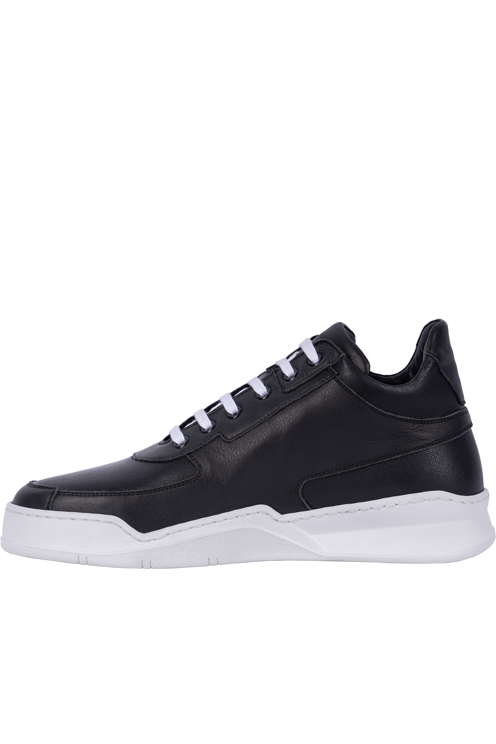 Side profile of the black Vaarora Aurel Mid Top premium leather sneaker featuring textured panels and a white sole