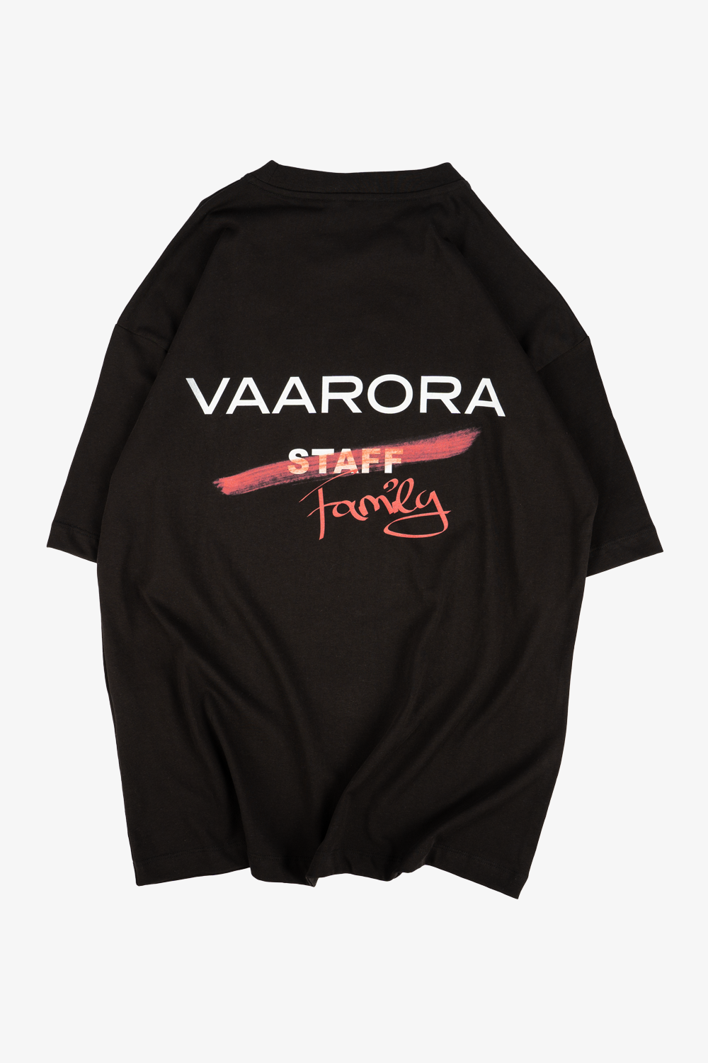 Back view of the black Vaarora Family premium cotton t-shirt featuring a crossed-out staff print and red family script