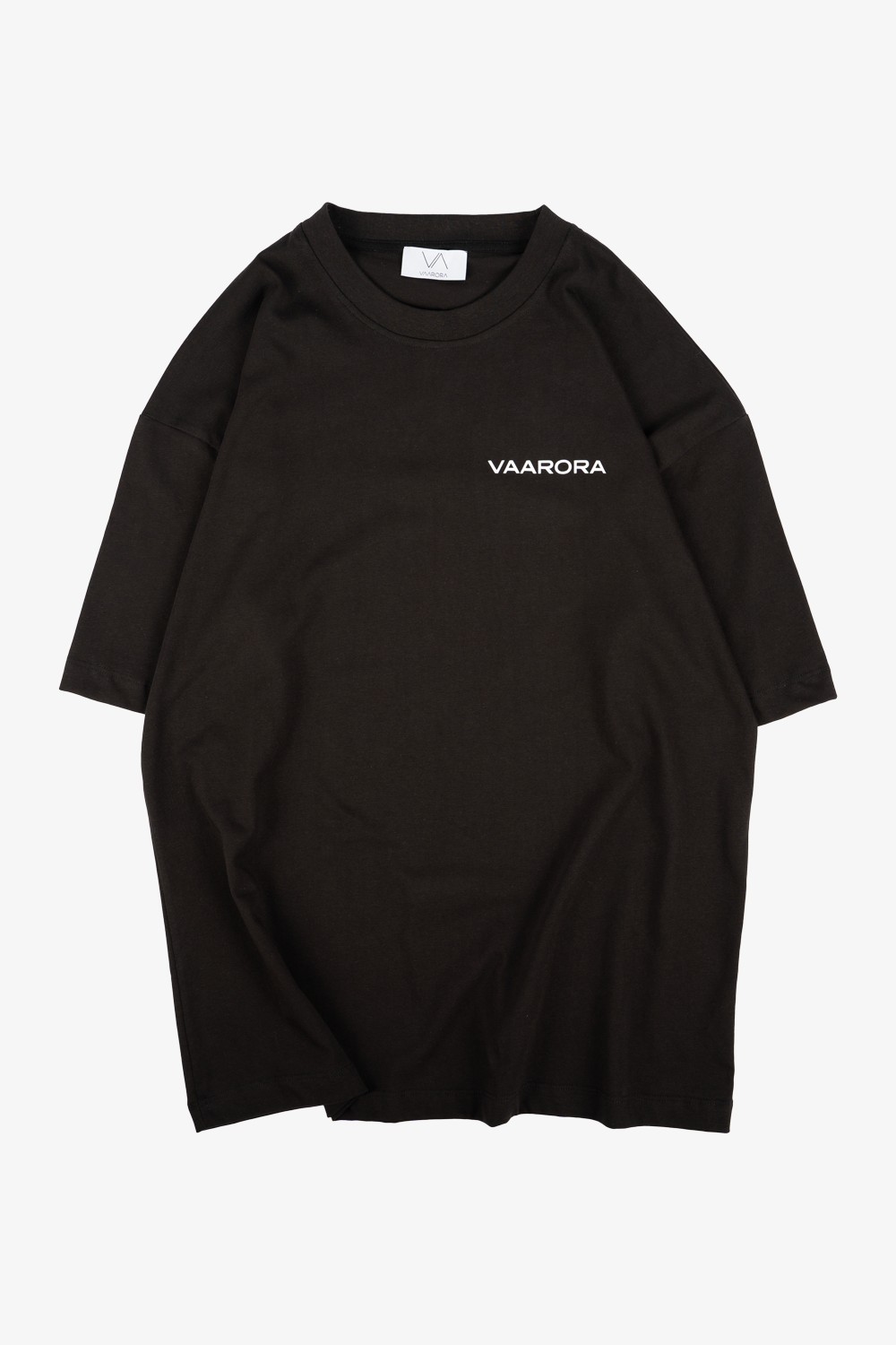 Front view of the black Vaarora Family Tee showcasing a minimalist white chest logo