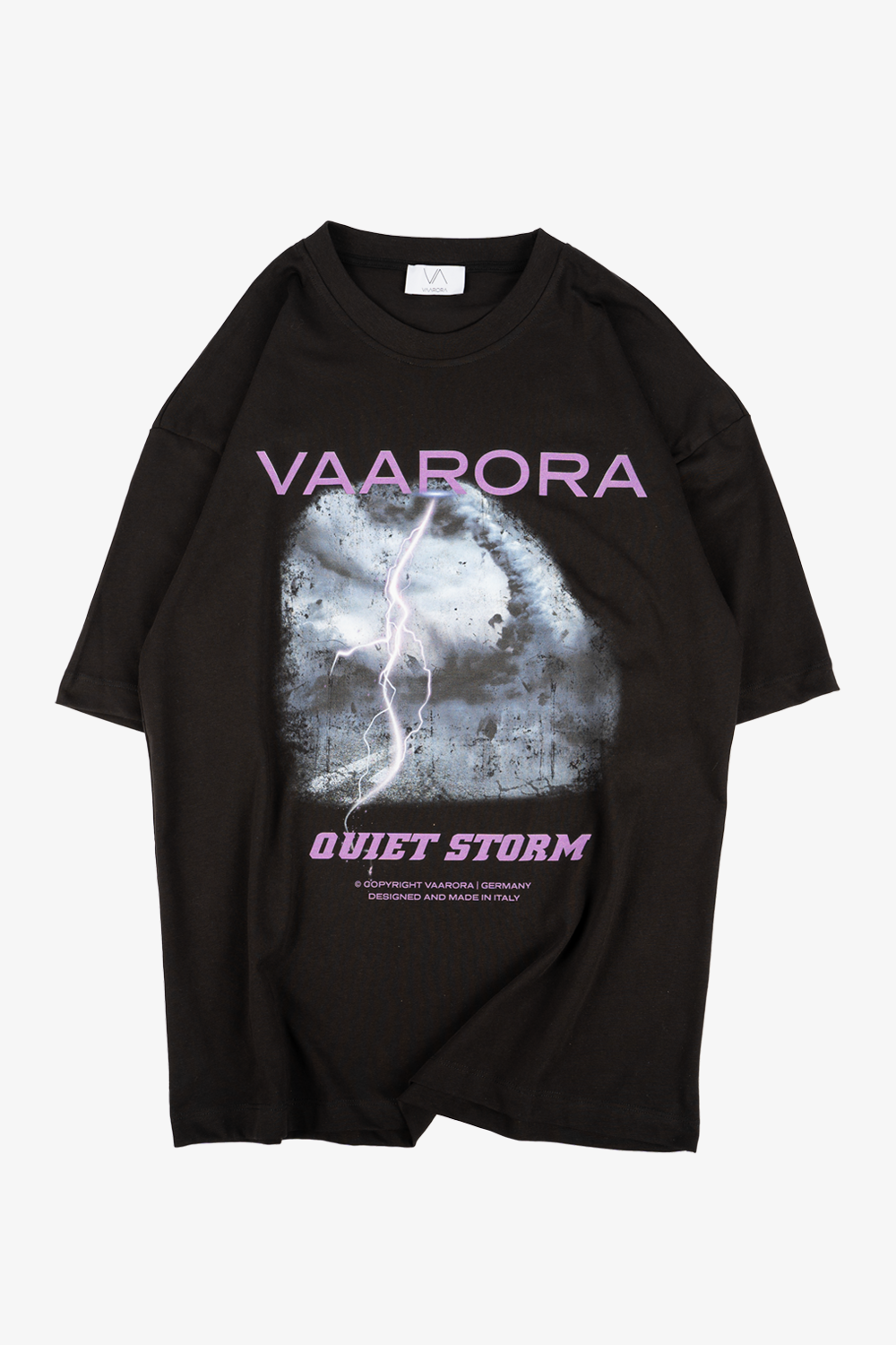 Front view of the black Vaarora Quiet Storm Lightning Tee featuring a bold storm graphic and purple typography