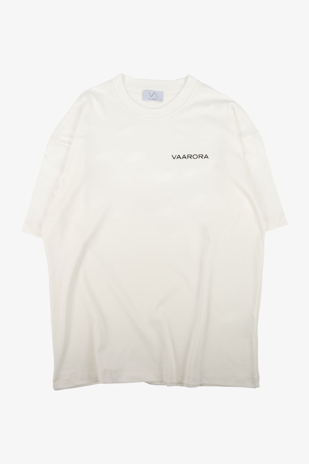 Front view of the cream Vaarora Family Tee showcasing a minimalist black chest logo