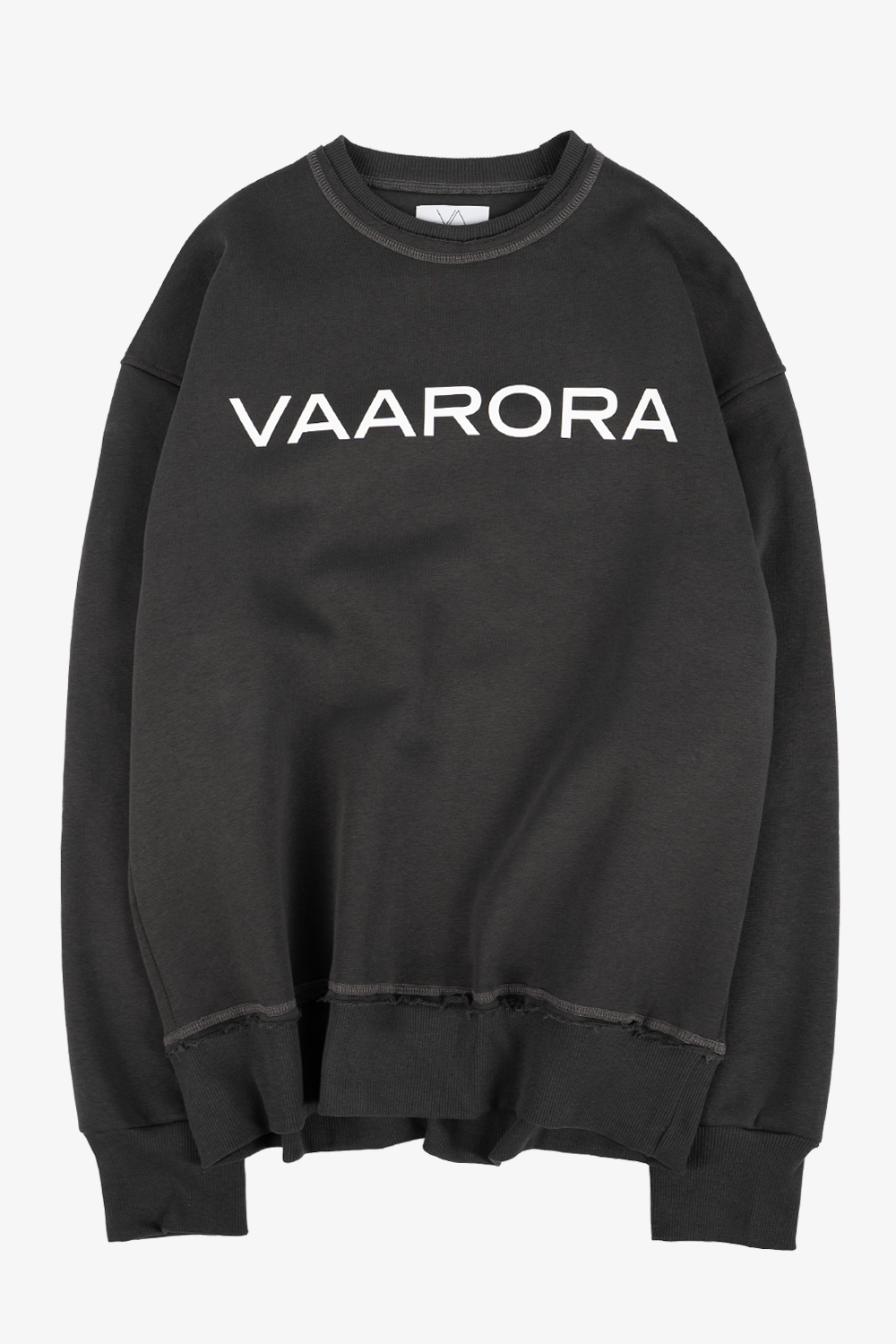 Front view of the dark grey Vaarora heavy logo sweater featuring frayed raw-edge details and bold white typography