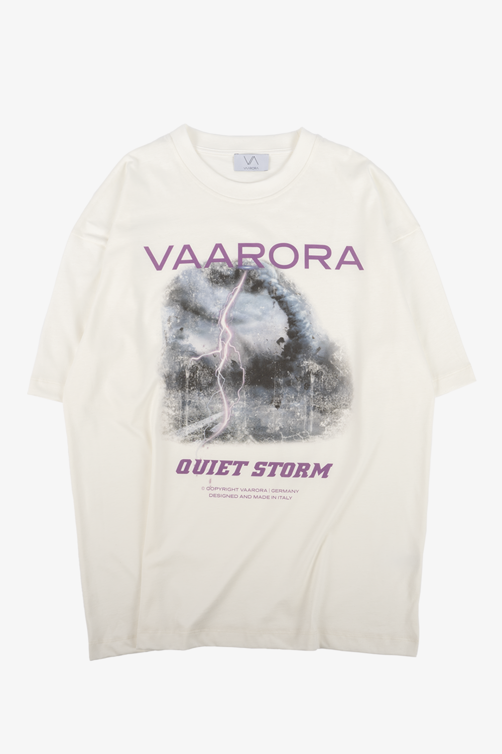 Front view of the white Vaarora Quiet Storm Lightning Tee featuring a bold storm graphic and purple typography