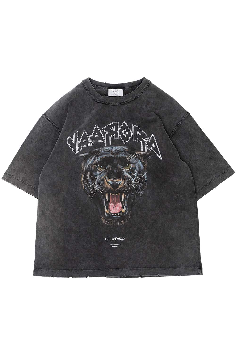 Front view of the vintage grey Vaarora Blck Pnthr heavy tee featuring frayed sleeve and collar details with a bold panther print