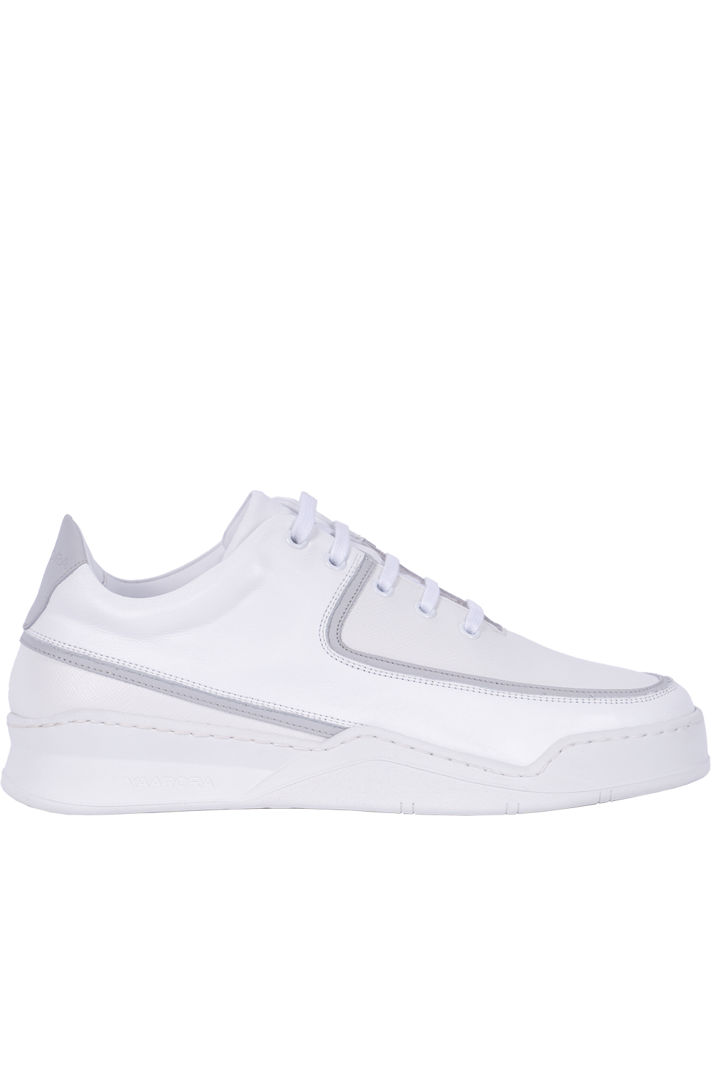 Angled side view of the white Vaarora Aaron Low Top sneaker showcasing the massive rubber sole and clean leather panels