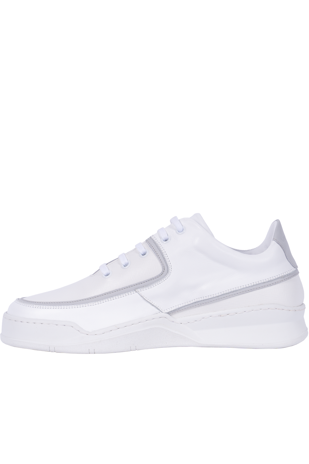 Side profile of the Vaarora Aaron Low Top premium leather sneaker in white with light grey piping