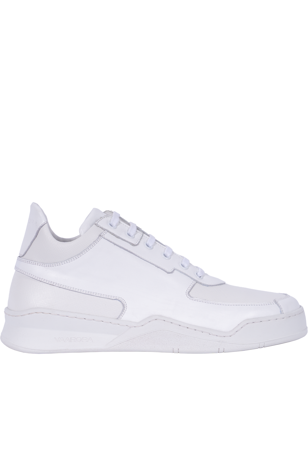 Angled side view of the all-white Vaarora Aurel Mid Top sneaker showcasing the massive rubber sole and raised heel design