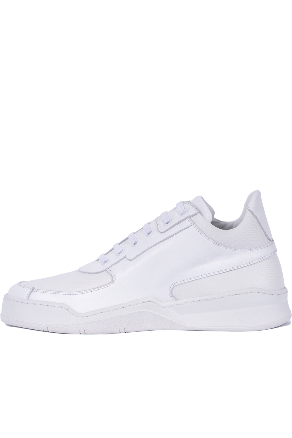 Side profile of the pure white Vaarora Aurel Mid Top premium leather sneaker featuring textured leather panels