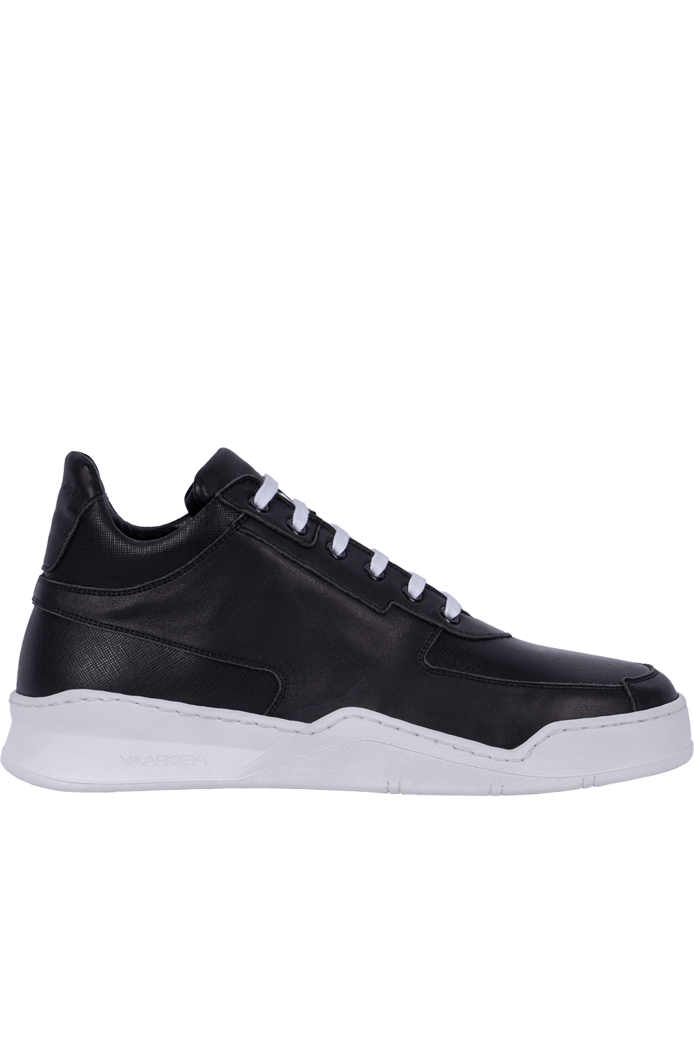 Angled side view of the black and white Vaarora Aurel Mid Top sneaker showcasing the massive rubber sole and raised heel design