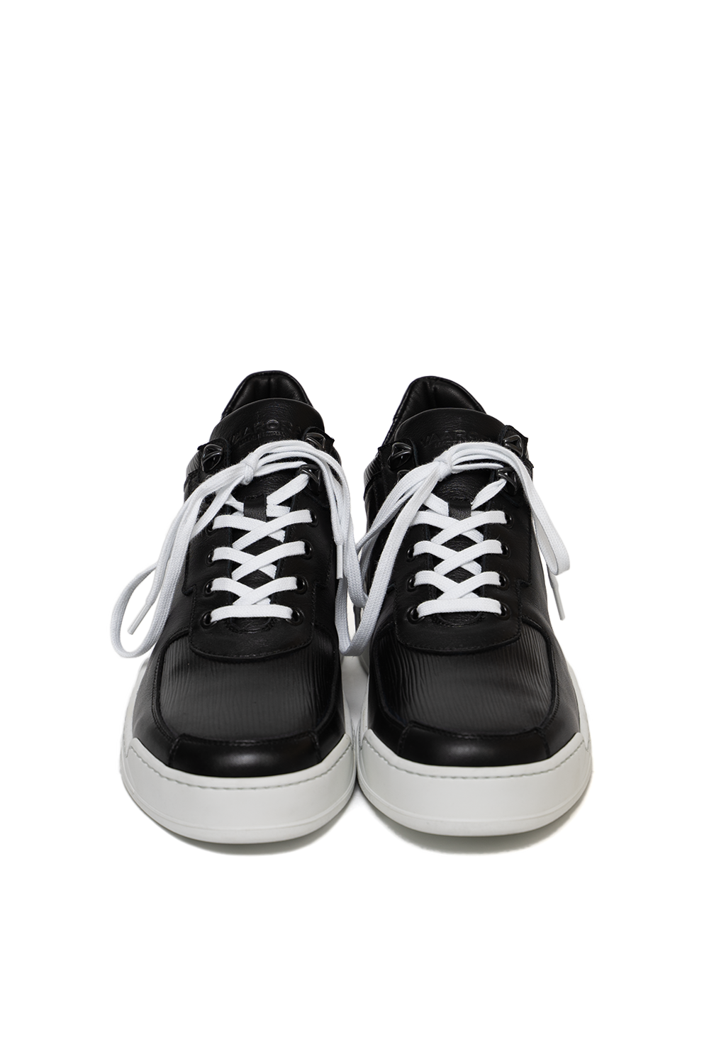 Front view of the Vaarora Aurel Mid Top luxury sneaker featuring textured black leather, dark metallic eyelets, and white laces