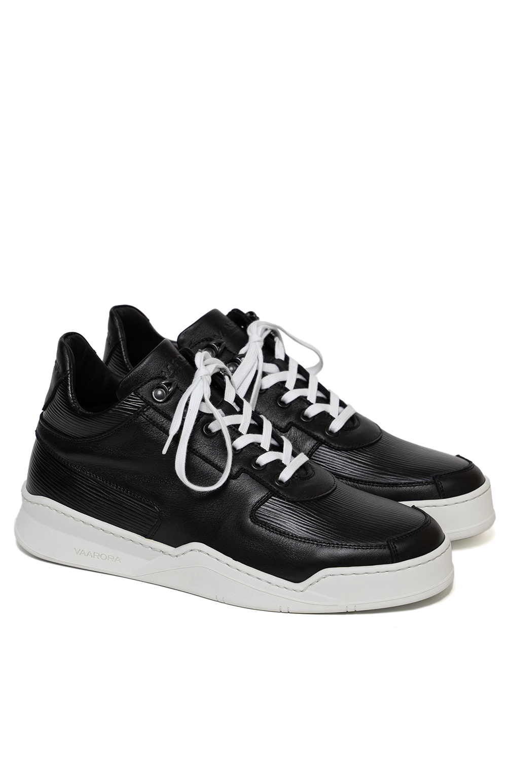 Side view of the Vaarora Aurel Mid Top sneaker showcasing the mix of smooth and textured black leather with a white heavy-weight rubber sole