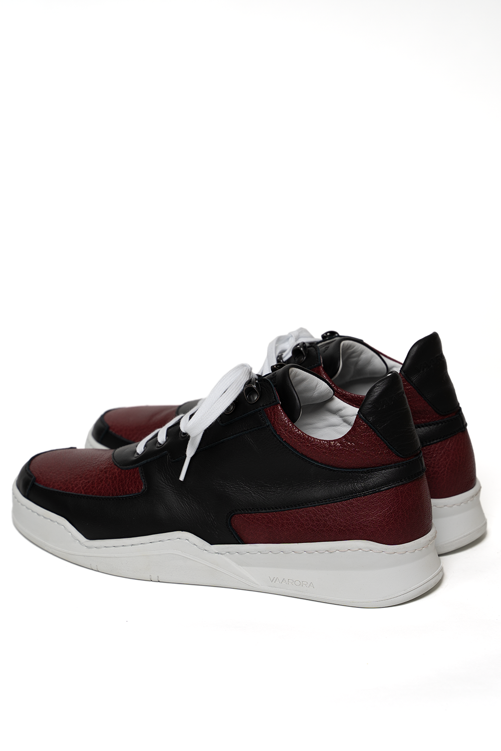 Back view of the Vaarora Aurel Mid Top handmade premium leather sneaker in black and vino red