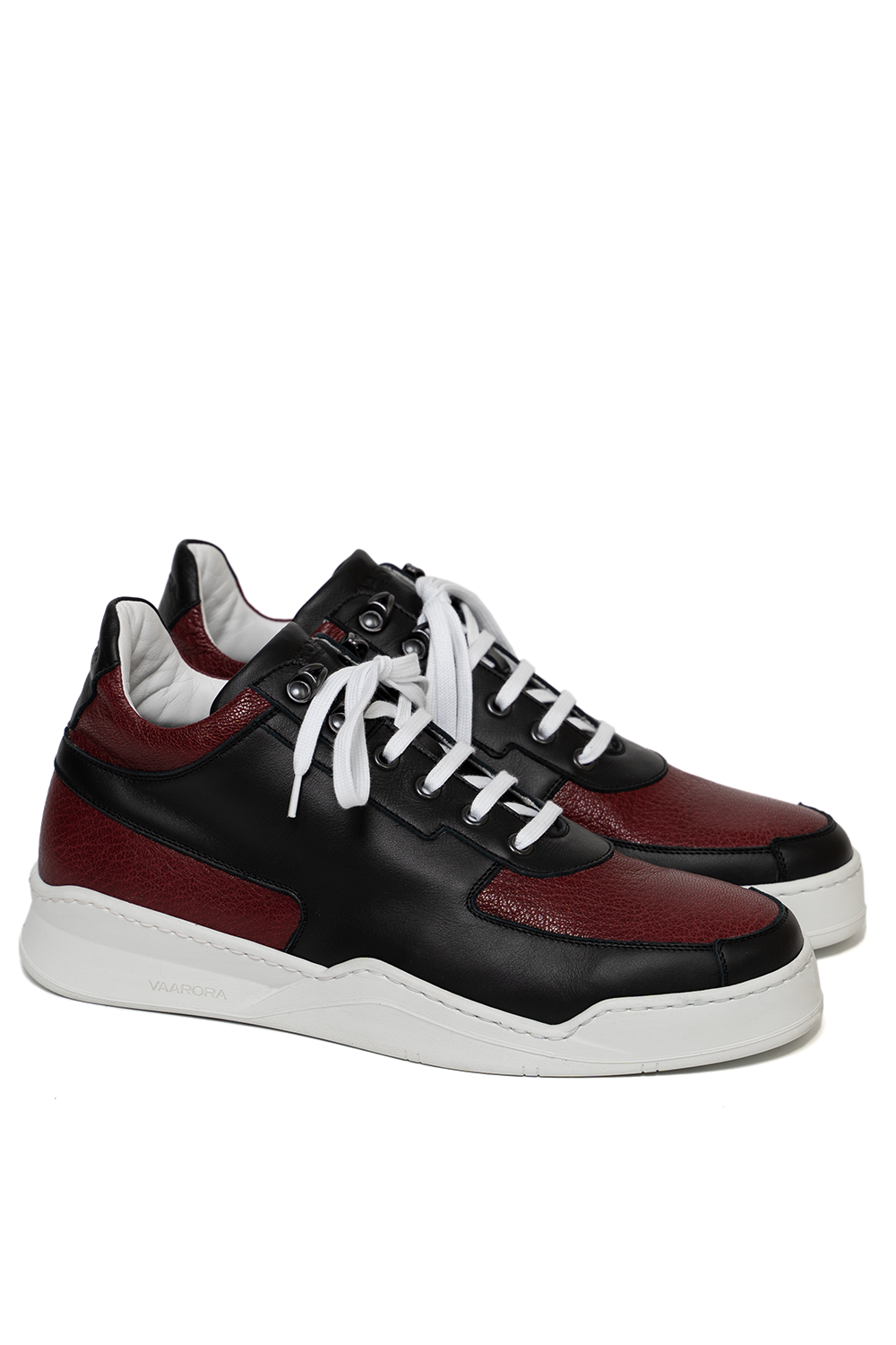 Side view of the Vaarora Aurel Mid Top sneaker highlighting the black and vino textured leather and heavy-weight white rubber sole