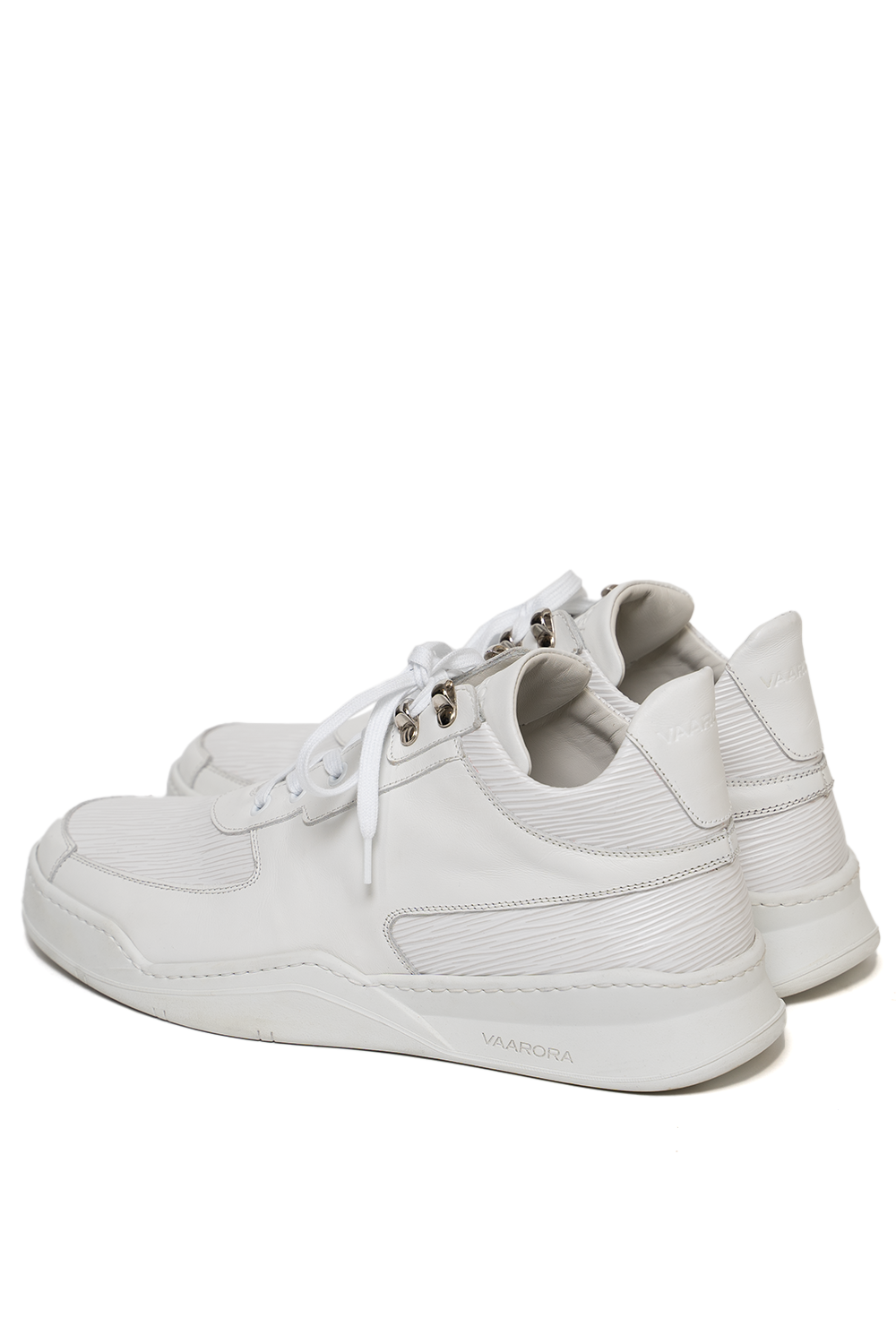 Back view of the Vaarora Aurel Mid Top handmade premium leather sneaker in all white highlighting the ribbed texture