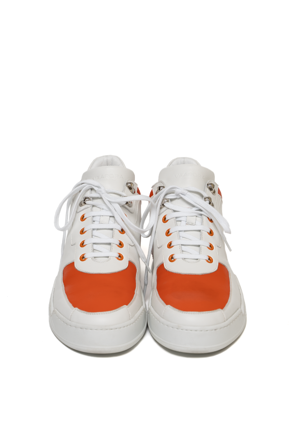 Front view of the Vaarora Aurel Mid Top handmade premium leather sneaker in white and orange