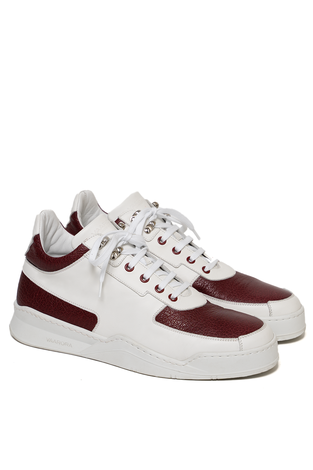 Side view of the Vaarora Aurel Mid Top luxury sneaker featuring white leather, vino red paneling, and a heavy-weight rubber sole