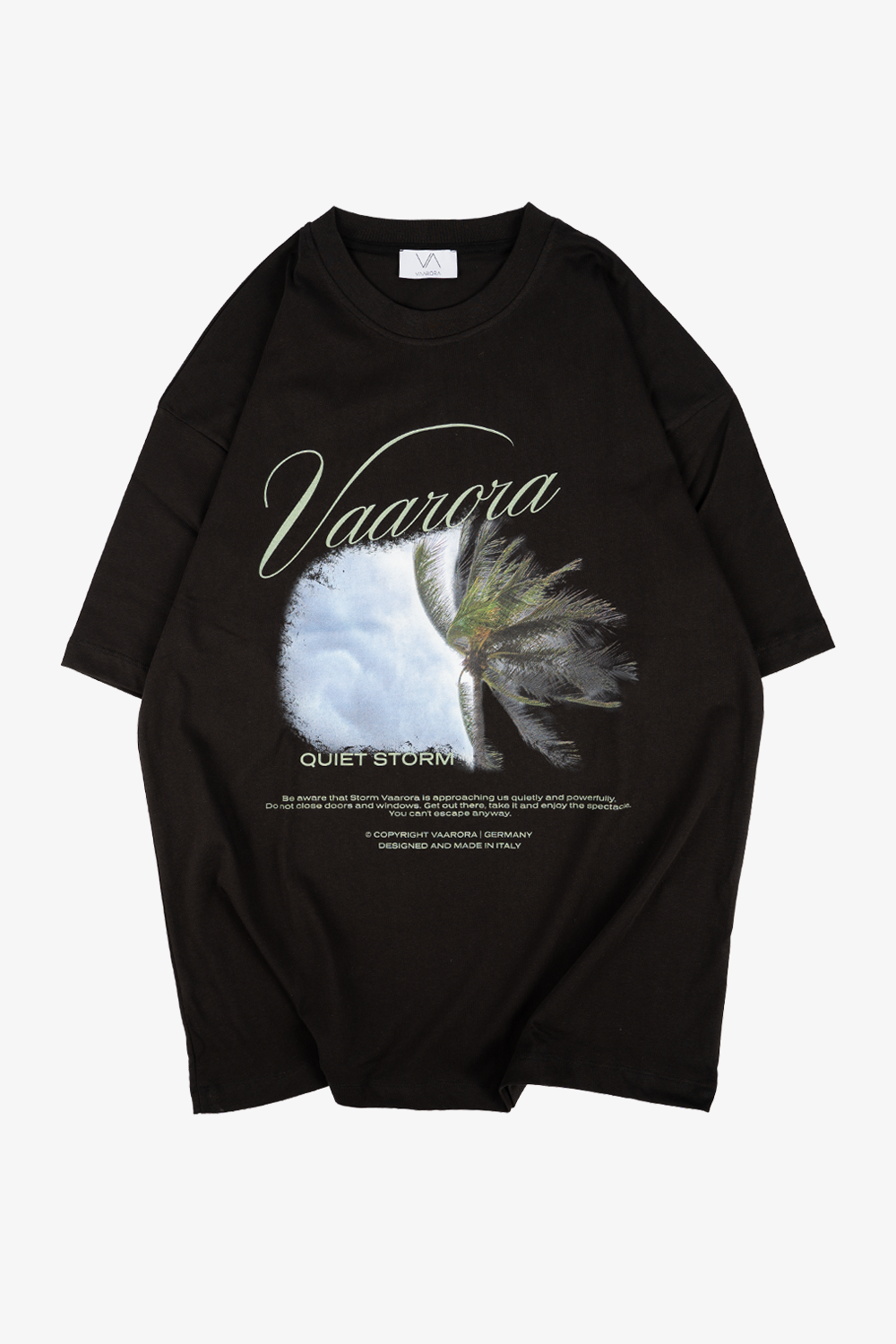 Front view of the black Vaarora Quiet Storm Palm Tee featuring an evocative storm graphic, cursive typography, and text