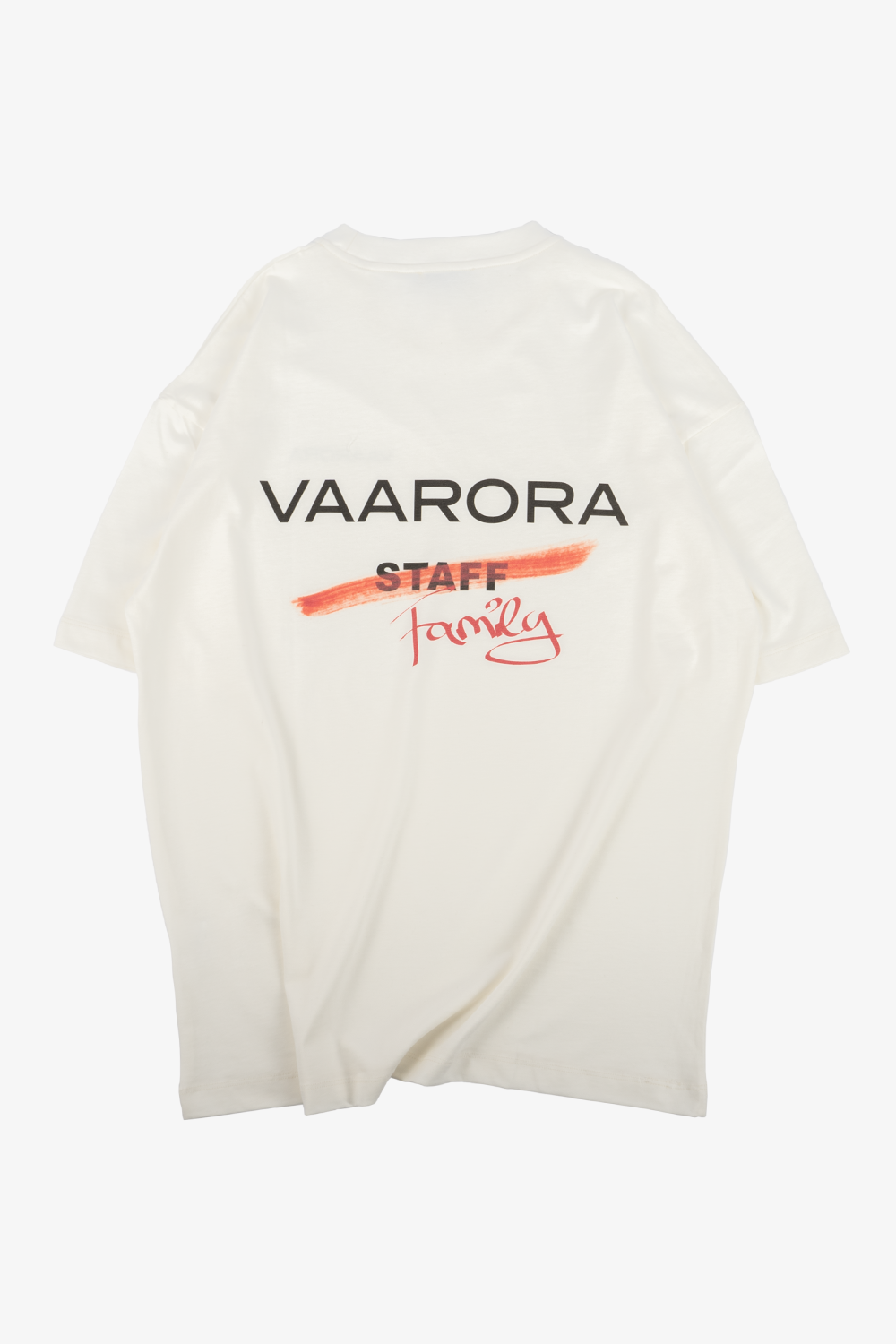 Back view of the cream Vaarora Family premium cotton t-shirt featuring a crossed-out staff print and red family script
