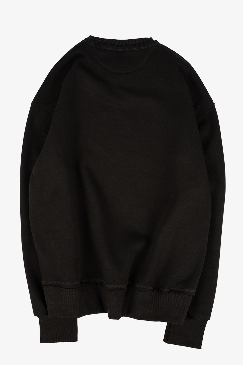 Back view of the plain black Vaarora premium heavyweight sweater highlighting the ribbed collar and hem details