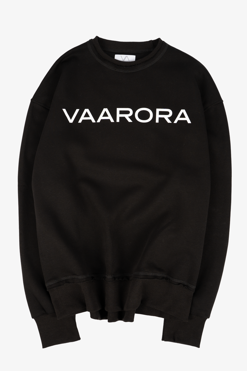 Front view of the black Vaarora heavy logo sweater featuring frayed raw-edge details and bold white typography