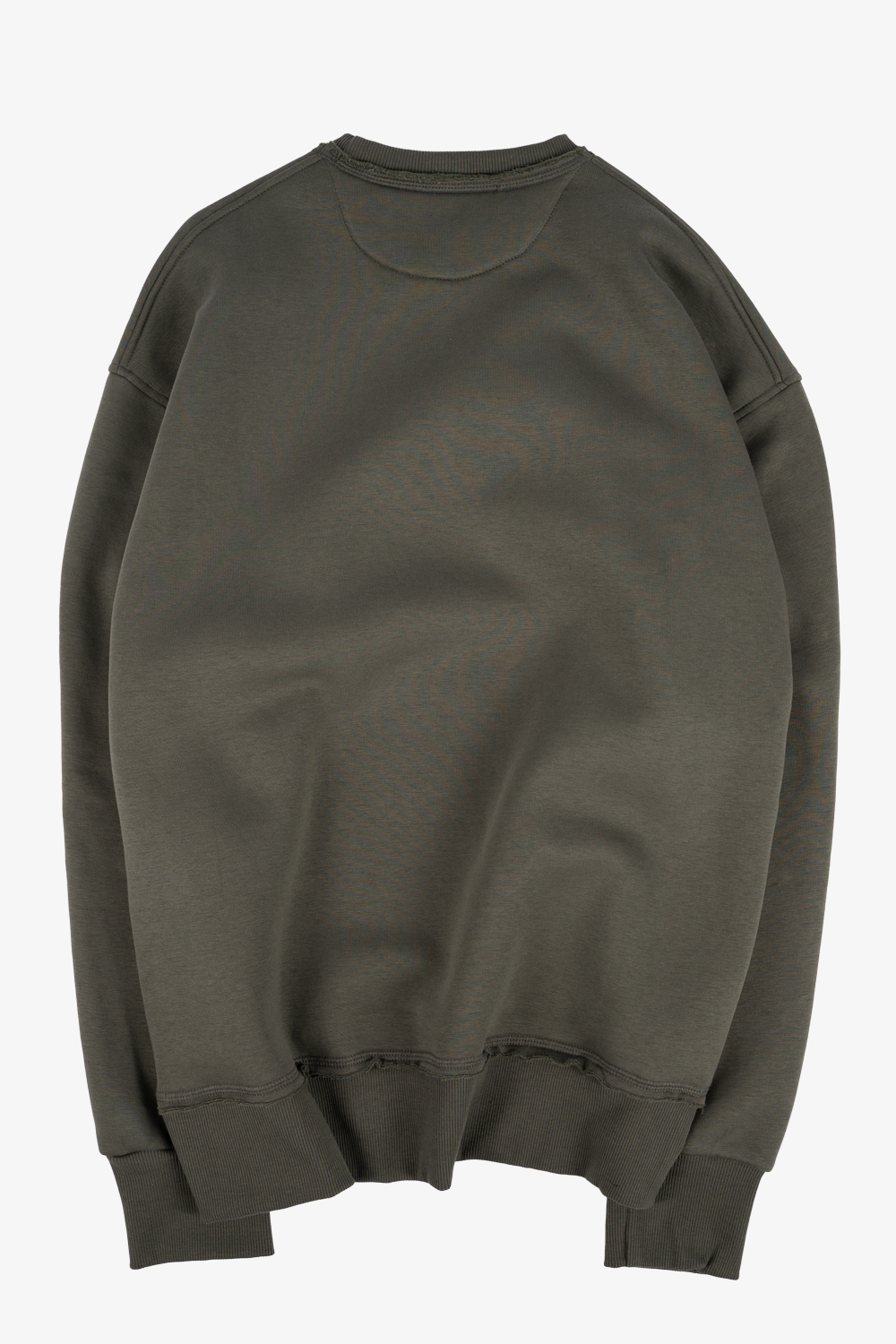 Back view of the plain dark green Vaarora premium heavyweight sweater highlighting the ribbed collar and hem details