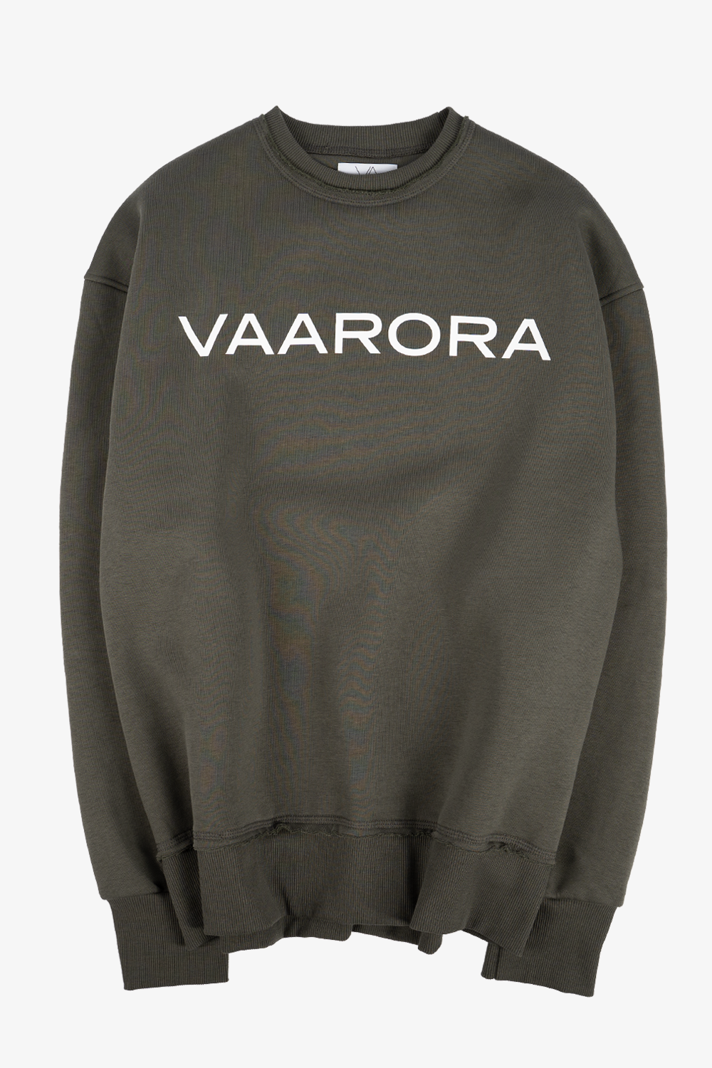 Front view of the dark green Vaarora heavy logo sweater featuring frayed raw-edge details and bold white typography