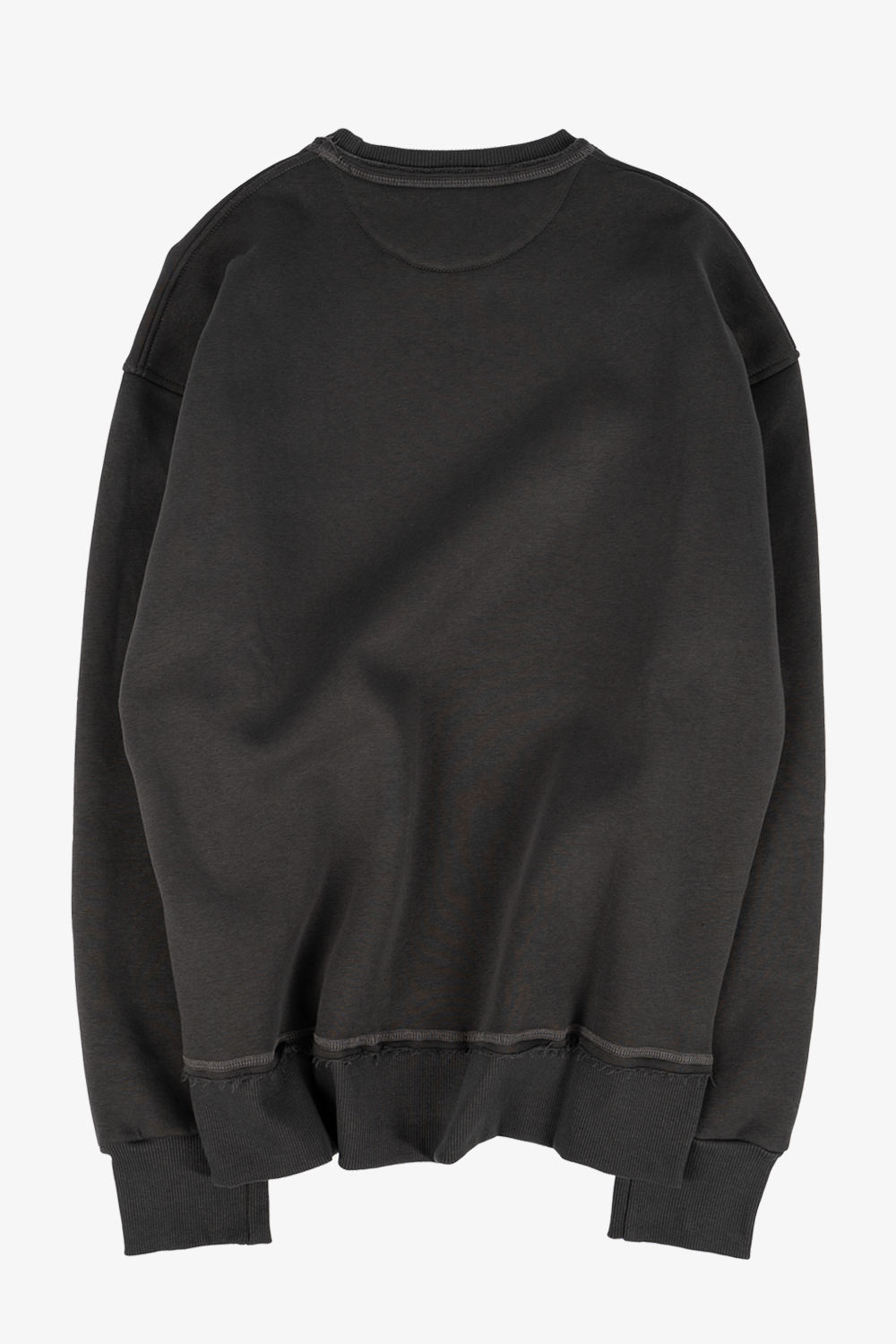 Back view of the plain dark grey Vaarora premium heavyweight sweater highlighting the ribbed collar and hem details