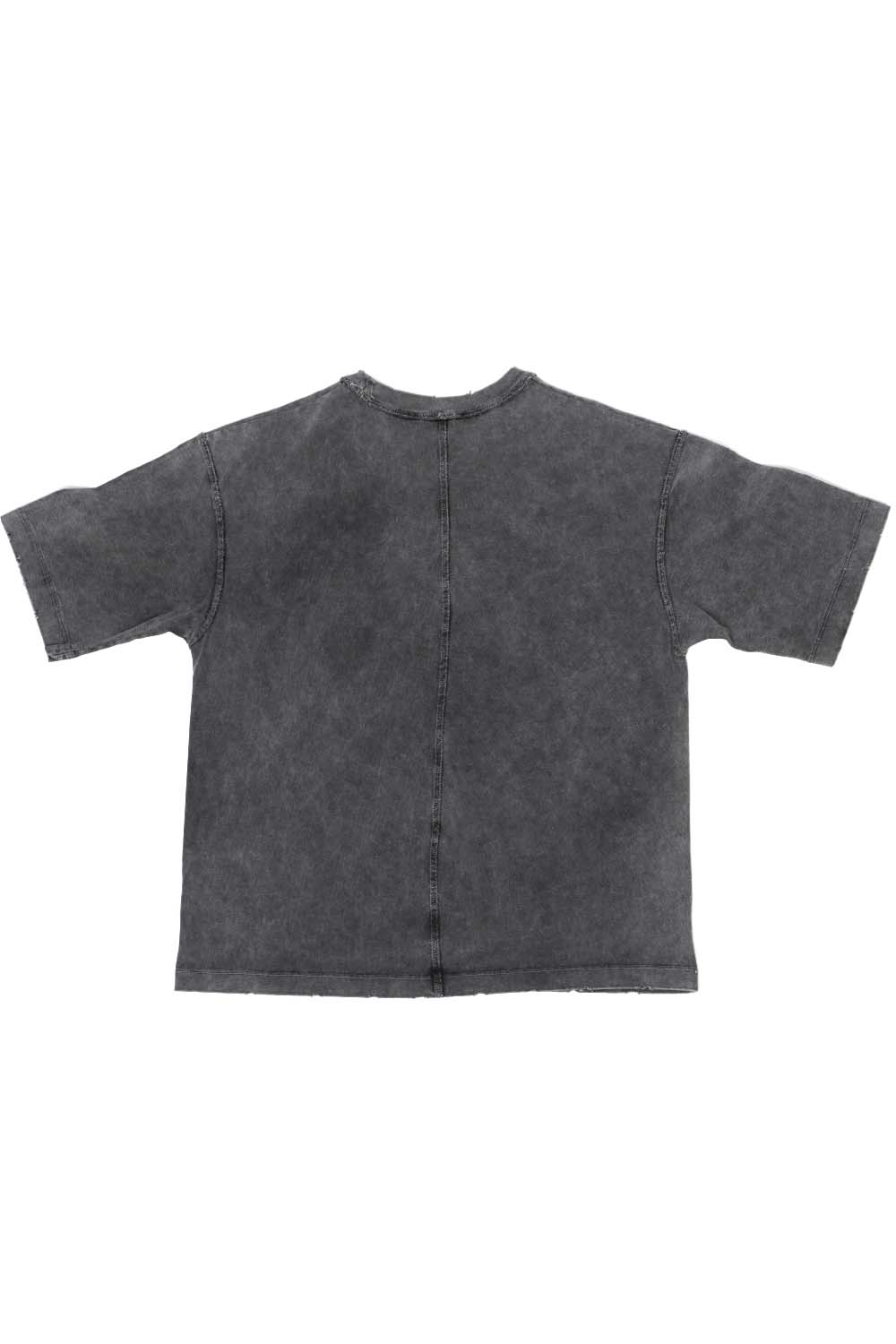 Back view of the vintage grey Vaarora Blck Pnthr 330gsm heavyweight t-shirt showcasing the acid wash and raw-edge hem