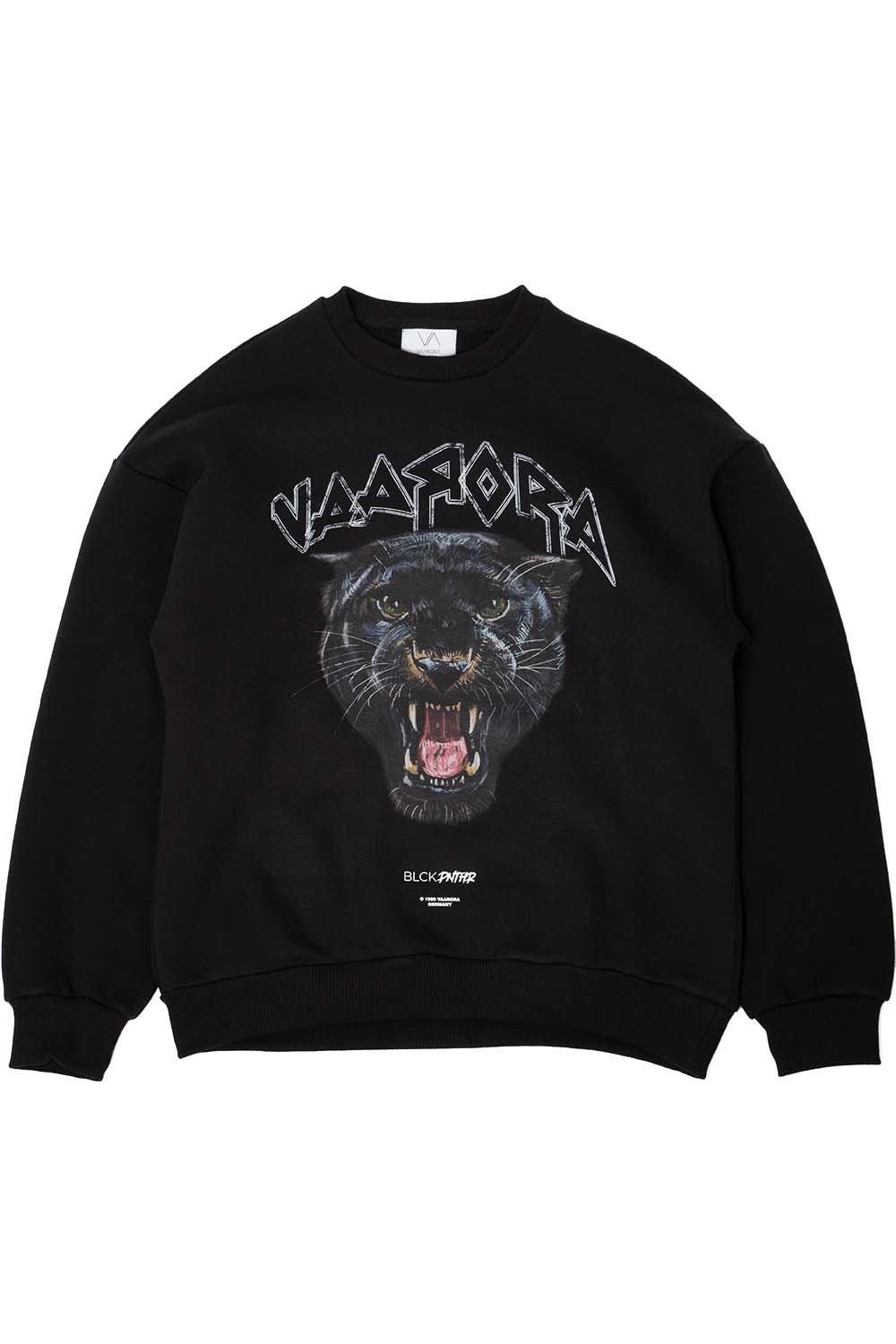 Front view of the black Vaarora Blck Pnthr sweater showcasing the oversized fit and bold panther graphic