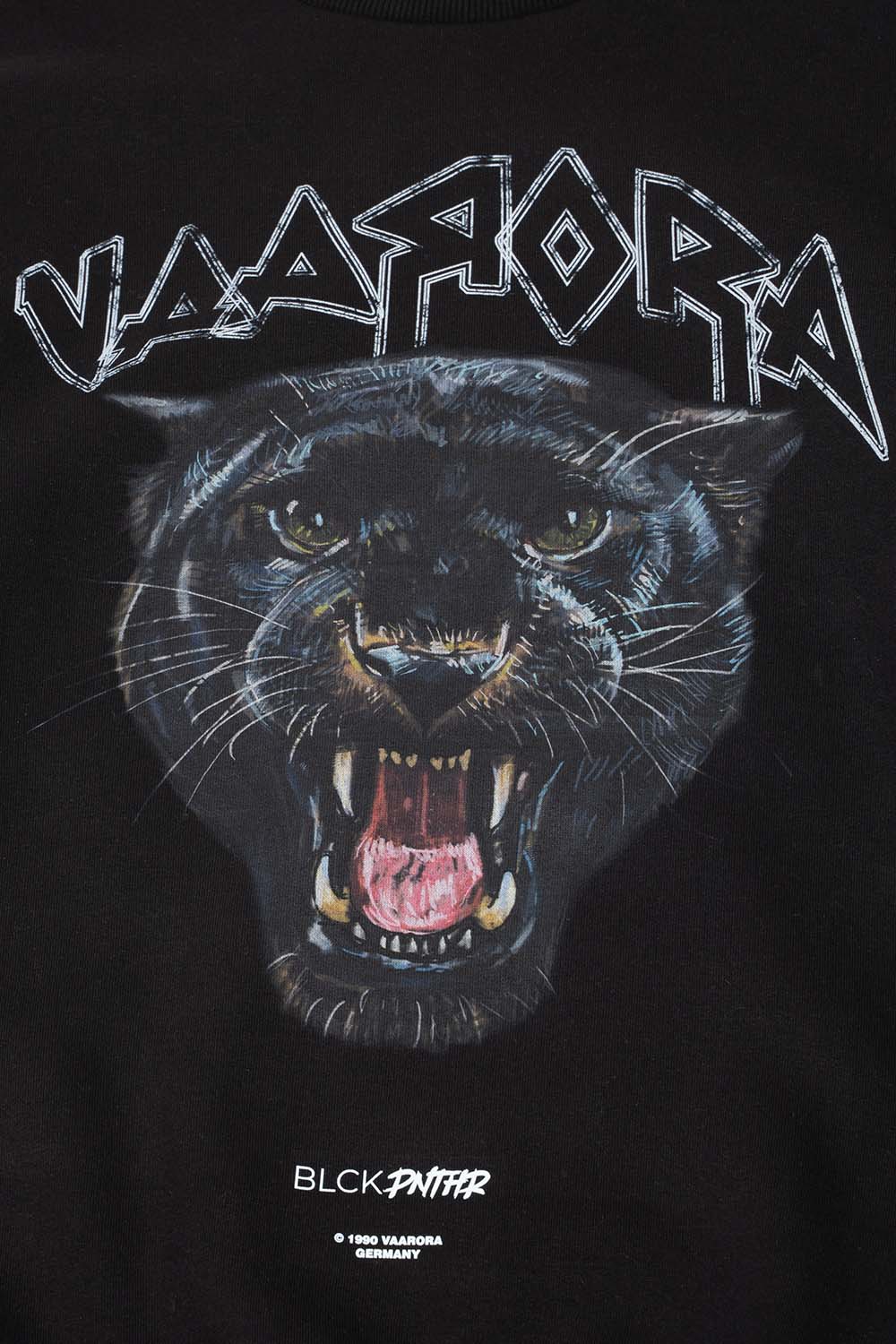 Close-up of the fierce black panther graphic and stylized Vaarora typography on the black Blck Pnthr sweater